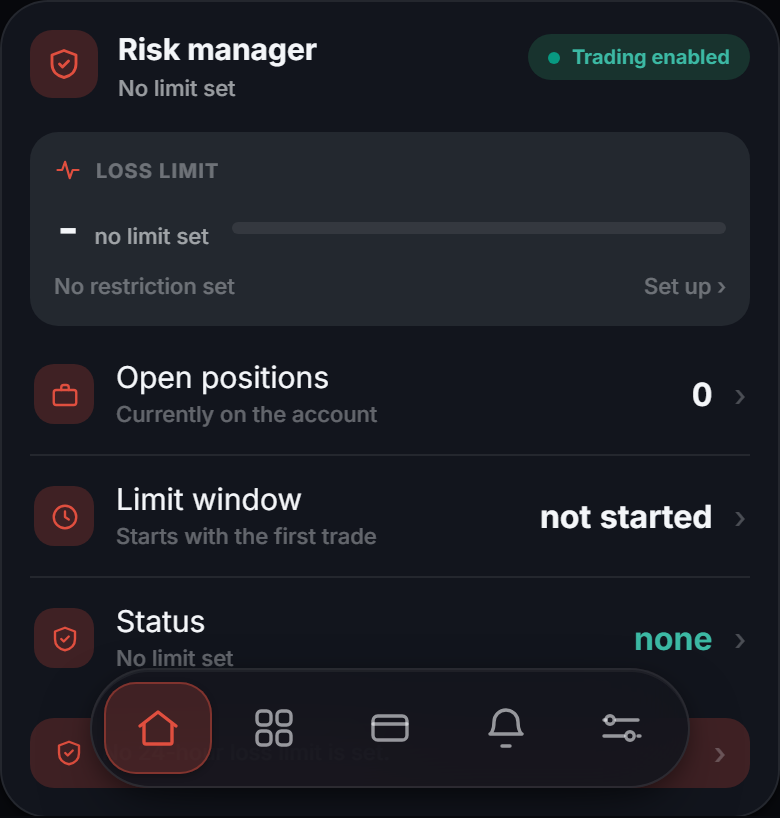 The ChiPro risk manager: daily limit and the state of the window